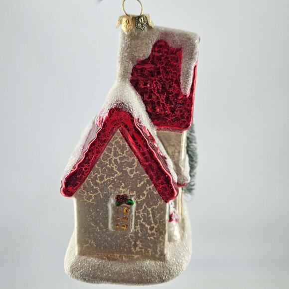 Robert Stanley red cottage house w bottle brush tree Glass Christmas Ornament - Picture 4 of 4